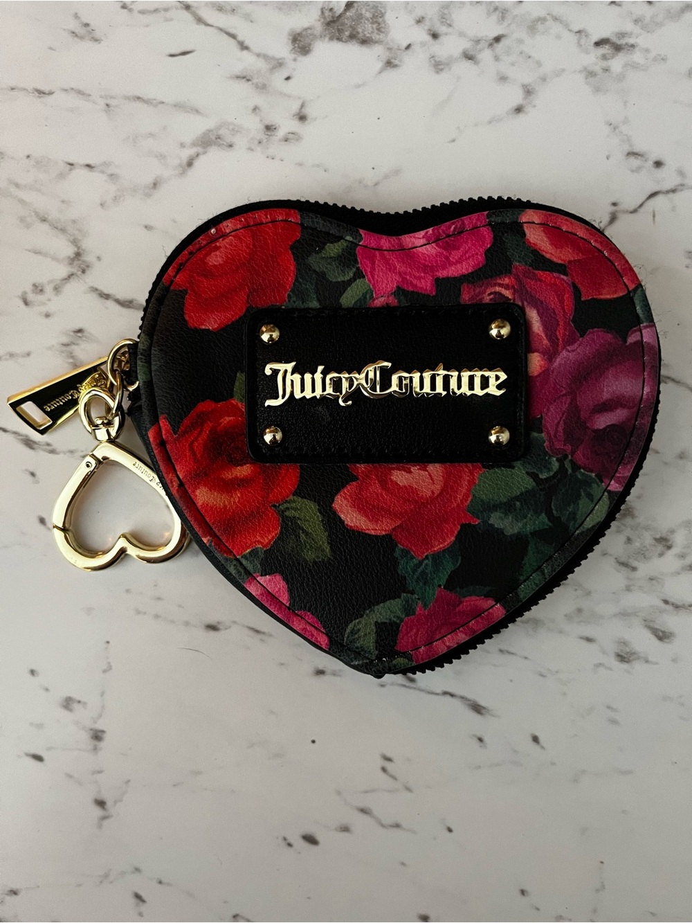 Juicy Couture Black Heart Coin Purse with Red & Pink Roses